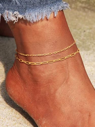 PROSTEEL Ankle Bracelets for Women, Silver/Gold/Black, Waterproof Anklets | Waterproof, Stainless Steel, Summer Beach Jewelry, Durable & No Tarnish, Come with Gift Box, 8-10.5" Adjustable, Plus Size - color: K: gold-paperclip chain(2pcs)