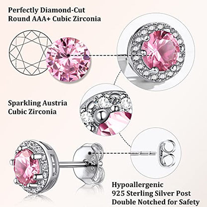 Bestyle Sparkling 925 Sterling Silver Birthstone Stud Earrings for Women, Heart/Round/Teardrop/Square Solitaire Diamond Studs Earrings, Great Birthday/Christmas Gifts - style: 10. Pink Tourmaline-Oct.-round