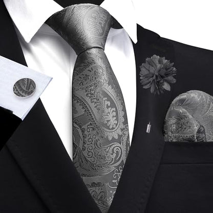GUSLESON Paisley Tie Set for Men 3.15" Necktie Lapel Pin Hankerchief Cufflinks Set for Men - color: Dark Grey