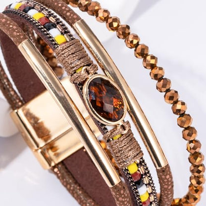 Boho Leather Wrap Bracelets Beaded Stackable Cuff Bracelet Country Concert Outfits Cowboy Cowgirl Western Jewelry Gifts for Women - color: Crystal-Brown