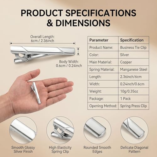 2.36 Inch Mens Silver Tie Clip, Stainless Steel Diagonal Stripe Tie Bar, Non-Slip Minimalist Necktie Clip for Business Wedding Daily Wear - color: Silver