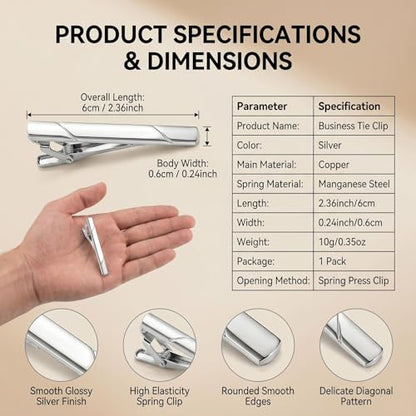 2.36 Inch Mens Silver Tie Clip, Stainless Steel Diagonal Stripe Tie Bar, Non-Slip Minimalist Necktie Clip for Business Wedding Daily Wear - color: Silver