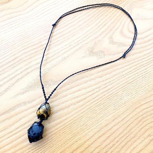 Handmade Black Tourmaline & Tiger Eye Crystal Necklace, Natural Gemstone Macrame Pendant for Men and Women, Protection & Stability Jewelry