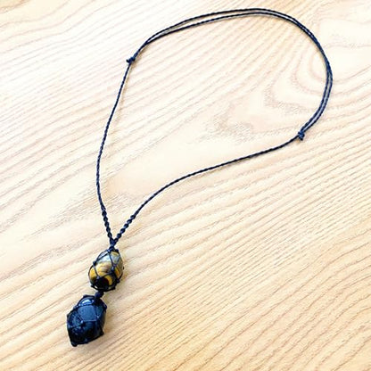 Handmade Black Tourmaline & Tiger Eye Crystal Necklace, Natural Gemstone Macrame Pendant for Men and Women, Protection & Stability Jewelry