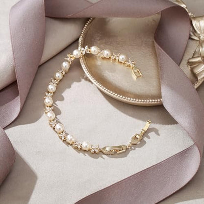 EVER FAITH Cubic Zirconia Pearl Bridal Prom Tennis Bracelet for Women | Elegant Pear CZ Wedding Jewelry Gift, for Bride Bridesmaid - style: Marquise_Gold-Plated-Brass