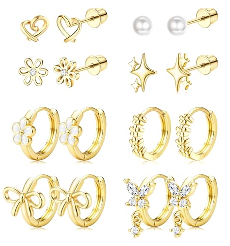 ORAZIO Hypoallergenic Earrings for Girls Women Kids Surgical Stainless Steel Screw Back Bow Heart Flower Stud Hoop Toddler Kids Earrings for Girls Sensitive Ears Over 4 Years Old - color: 8Pairs-gold girls earrings