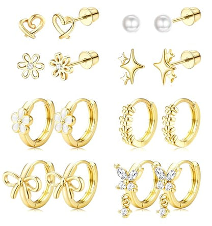 ORAZIO Hypoallergenic Earrings for Girls Women Kids Surgical Stainless Steel Screw Back Bow Heart Flower Stud Hoop Toddler Kids Earrings for Girls Sensitive Ears Over 4 Years Old - color: 8Pairs-gold girls earrings