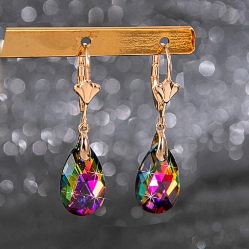 Austrian Crystal Teardrop Leverback Dangle Earrings for Women Fashion 14K Gold Plated Hypoallergenic Jewelry - color: Vitrail Medium