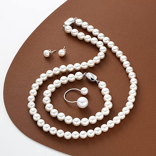Pearl Jewelry Set for Women, Complete Set Includes Necklace, Bracelet, Earrings - Fashion Pearl Jewelry with Box for Wife, Mom, Sister, Bride, Bridesmaid - style: Complete Pearl Jewelry_4 Set