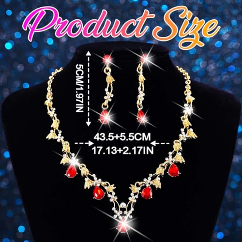 Gold Rhinestone Jewelry Set Bridal Wedding Necklace Earrings Sets Prom Formal Costume Jewelry for Women and Brides - color: Red