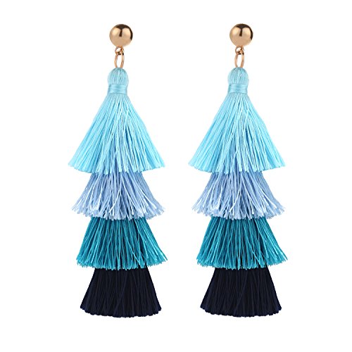 BaubleStar Bohemian Layered Tassel Drop Earrings for Women | Lightweight Statement Party Festival Jewelry - color: Blue Ombre