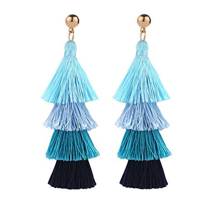 BaubleStar Bohemian Layered Tassel Drop Earrings for Women | Lightweight Statement Party Festival Jewelry - color: Blue Ombre