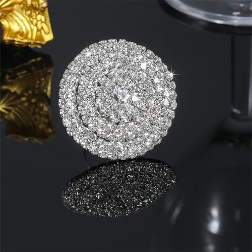 Cubic Zirconia Round Large Statement Open Ring for Women Sparkling Crystal Cluster Wedding Bridal Promise Adjustable Comfort Fit Finger Band Dainty Cocktail Party Jewelry for Bride Wife Eternity Rings - color: Clear CZ