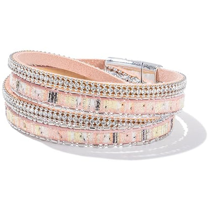 Boho Double Wrap Leather Bracelets Stackable Layered Western Hippie Jewelry | Colorful Stacked Bohemian Statement Chunky Magnetic Clasp Cuff Bangles Cowgirl Country Summer Beach Outfits for Women Trendy - color: Pink