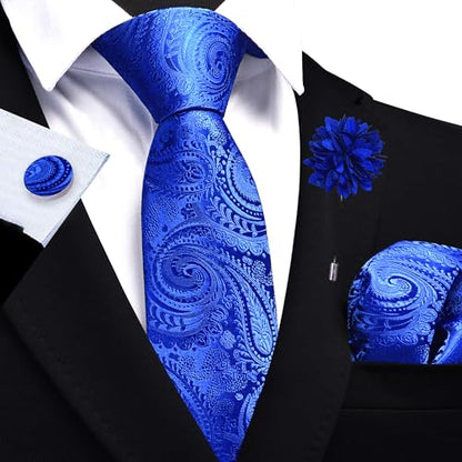 GUSLESON Paisley Tie Set for Men 3.15" Necktie Lapel Pin Hankerchief Cufflinks Set for Men - color: Royal Blue