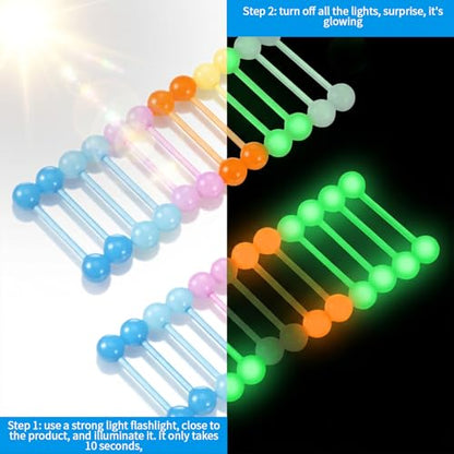 Lusofie 14G Glow in Dark Acrylic Tongue Rings 16mm Body Piercing Jewelry for Women Men, 12 Pairs (Multi Color)