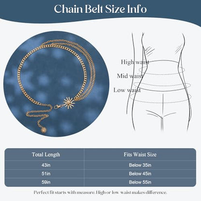Chain Belt for Women Fashion Metal Waist Chain Belt for Dress Jeans - size: Fit Waist Up to 35'', style: Gold-sun