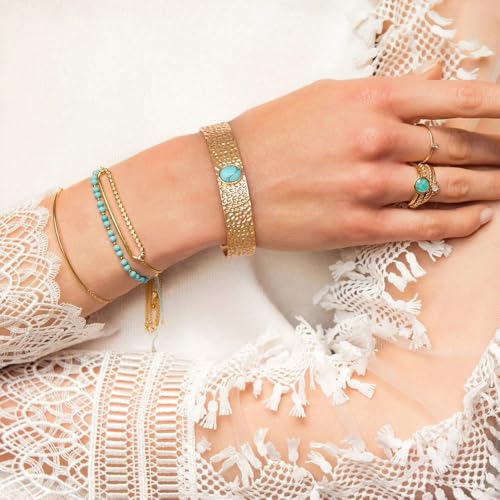 PERNNLA PEARL Dainty Gold Bar Bracelet for Women Simple Delicate Thin Cuff Bangle Hook Bracelet 18K Gold Plated Handmade Minimalist Jewelry - color: Synthetic Turquoise