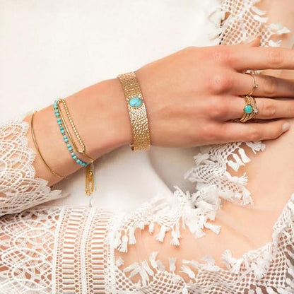 PERNNLA PEARL Dainty Gold Bar Bracelet for Women Simple Delicate Thin Cuff Bangle Hook Bracelet 18K Gold Plated Handmade Minimalist Jewelry - color: Synthetic Turquoise