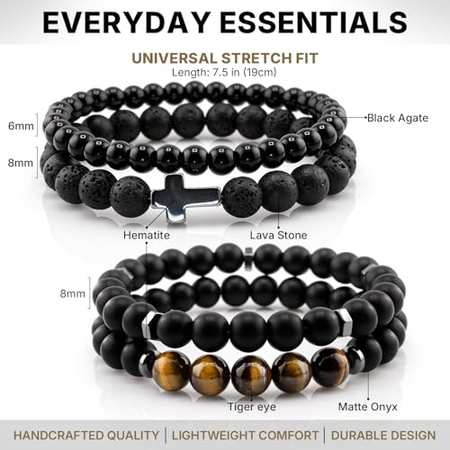 Flybar Men's 4 Piece Beaded Bracelet Set, Natural Lava Stone Black Onyx Matte Agate Tiger Eye, Stretchable Elastic Handmade Stackable - color: CD01 Tiger Eye Cross