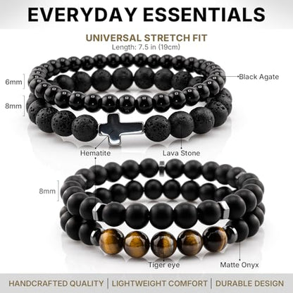 Flybar Men's 4 Piece Beaded Bracelet Set, Natural Lava Stone Black Onyx Matte Agate Tiger Eye, Stretchable Elastic Handmade Stackable - color: CD01 Tiger Eye Cross