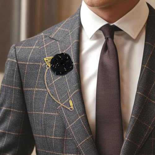 Gold Lapel Pin for Men, Gold Foil Brooch Men's White Flower Satin Lapel Pin with Metal Chain for Suits Professional Tuxedo Groom Wedding Brooch - color: Black
