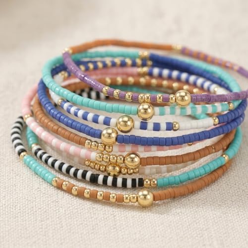 Colorful Stackable Rice Small Mini Seed Beaded Bracelets Set For Women, Handmade Dainty Boho Gold Glass Stretch Accessories Jewelry,Summer Beach Party Daily Friendship Gift - color: 10Pcs Blue Pink Brown