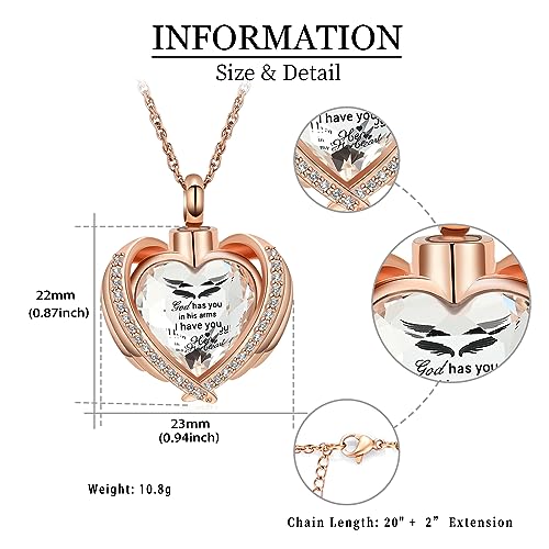 shajwo Cremation Heart Urn Necklace Ashes Jewelry for Women Men Keepsake Pendant Memorial Locket Ash Holder - color: Wing-G Rose Gold White