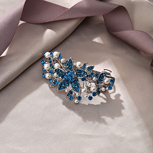EVER FAITH Austrian Crystal Bridal Hibiscus Flower Leaf Cream Simulated Pearl Hair Clip Barrette Navy Blue Silver-Tone - color: Navy Blue Silver-Tone