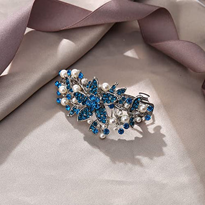 EVER FAITH Austrian Crystal Bridal Hibiscus Flower Leaf Cream Simulated Pearl Hair Clip Barrette Navy Blue Silver-Tone - color: Navy Blue Silver-Tone