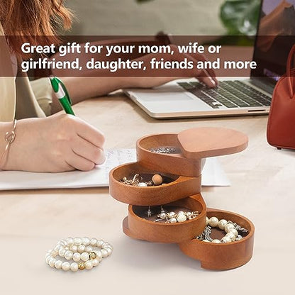 JSVER Portable Jewelry Organizer Wooden Jewelry Box, 4-Layer Rotatable Jewelry Holder, Travel Jewelry Organizer For Rings, Necklaces, Earrings, Bracelets