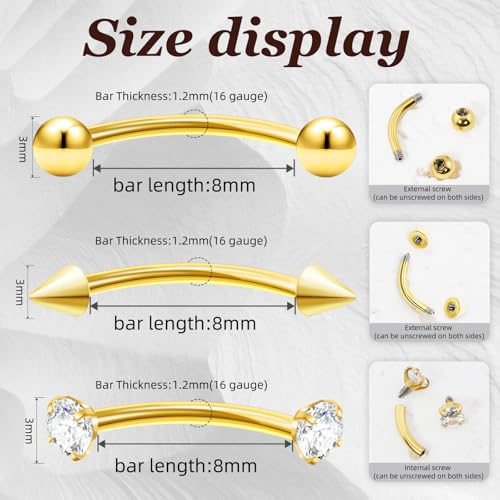 9PCS Gold Eyebrow Piercing Jewelry Titanium, Rook Jewelry Gold Surgical Steel Silver Eyebrow Rings for Women Men CZ Tiny Labret Lip Daith Navel Belly Button Helix Tragus Piercing Jewelry 16G 6mm/8mm/10mm - style: Eyebrow-8mm-9pcs