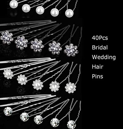 40Pcs Bridal Wedding Hair Pins, BetterJonny Crystal Pearl Flower Hair Barrettes U-Shape Hair Clips for Wedding Prom Bride Bridesmaid Women Girls