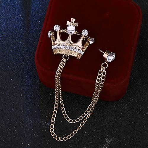 YOOE British Style Rhinestone Crown Chain Brooch. Retro Crystal Corsage Pin, Tassel Chain Suit Jacket Brooch Pin for Men Husband Gifts
