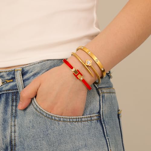 3Pcs Gold Bracelets for Women 14K Gold Plated Love/H/Nail Bangle Bracelet Dainty Non Tarnish Bracelet Jewelry Christmas Mothers Day Gifts for Women - color: 3Pcs Gold/Red H bracelet