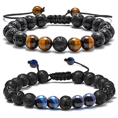 M MOOHAM Mens Bracelet - Beaded Natural Stone 8mm Tiger Eye Matte Agate Lava Rock Bracelets for Men Teen Boys Grandpa Dad Birthday Gifts Jewelry - style: "Lava Rock&Yellow Blue Tiger Eye Bracelets