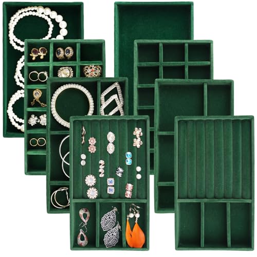 Jewelry Trays for Drawers, Set of 8 Stackable Velvet Jewelry Tray Inserts for Rings, Earrings, Necklaces, Bracelets – Fits Most Dresser/Closet Drawers, Non‑Slip Lined, Green - color: Green