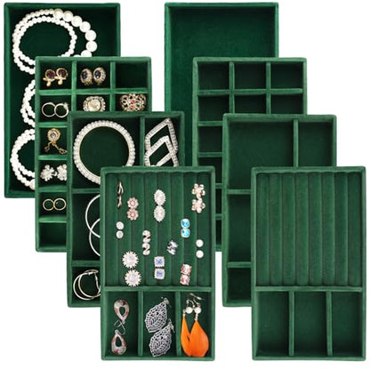 Jewelry Trays for Drawers, Set of 8 Stackable Velvet Jewelry Tray Inserts for Rings, Earrings, Necklaces, Bracelets – Fits Most Dresser/Closet Drawers, Non‑Slip Lined, Green - color: Green