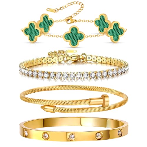 Gold Bracelets for Women, 18K Gold Plated Women Tennis Bracelets Clover Nail Love Bangle Bracelet Set, Gold Bracelet Stackable Set Trendy Jewelry, Gifts for Women's Day and Mother's Day - color: 11-Color- 4 Green