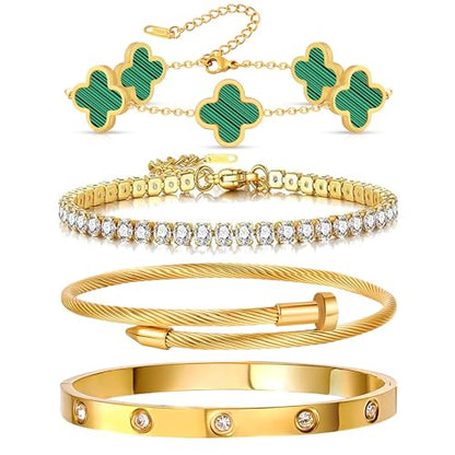 Gold Bracelets for Women, 18K Gold Plated Women Tennis Bracelets Clover Nail Love Bangle Bracelet Set, Gold Bracelet Stackable Set Trendy Jewelry, Gifts for Women's Day and Mother's Day - color: 11-Color- 4 Green