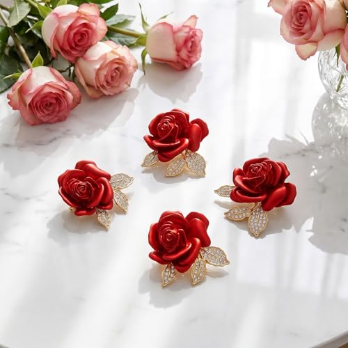 4pcs Rose Brooch, Elegant Red Rhinestone Rose Pin, Crystal Roses Brooches for Women Dress Party Dance Wedding Gift Accessories Jewelry
