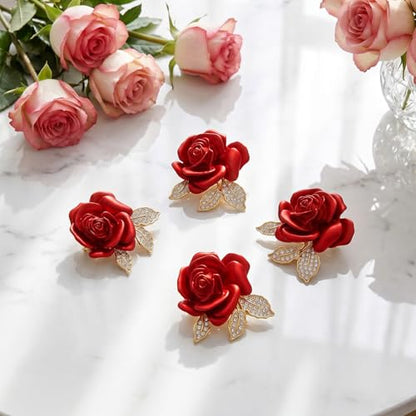 4pcs Rose Brooch, Elegant Red Rhinestone Rose Pin, Crystal Roses Brooches for Women Dress Party Dance Wedding Gift Accessories Jewelry