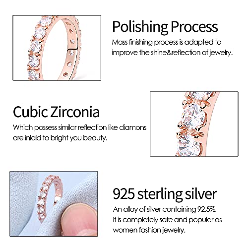 KUNSIR 925 Silver Cubic Zirconia Ring Size 7-9 Wedding Band Sterling Silver Eternity Ring Modern Style - style: Rose Gold Clear Zircon Ring