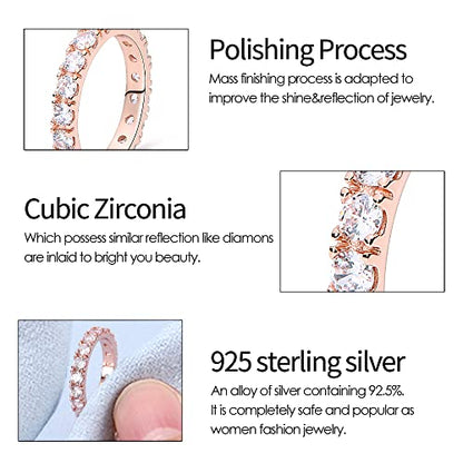 KUNSIR 925 Silver Cubic Zirconia Ring Size 7-9 Wedding Band Sterling Silver Eternity Ring Modern Style - style: Rose Gold Clear Zircon Ring