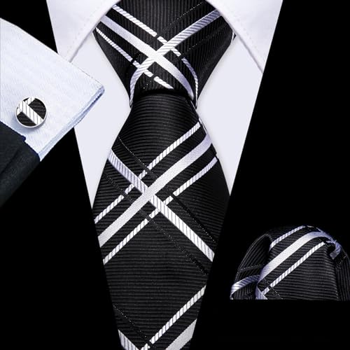 YOHOWA Men Plaid/Striped Ties Clip Set Silk Necktie Pocket Square Cufflinks | Woven Classic,Formal/Casual Mens Tie,Pocket Square Cufflinks Set,Luxury,Business,Wedding,Party,Prom,Graduation - color: Black White