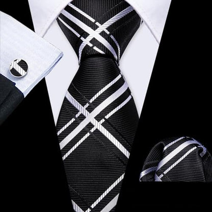YOHOWA Men Plaid/Striped Ties Clip Set Silk Necktie Pocket Square Cufflinks | Woven Classic,Formal/Casual Mens Tie,Pocket Square Cufflinks Set,Luxury,Business,Wedding,Party,Prom,Graduation - color: Black White