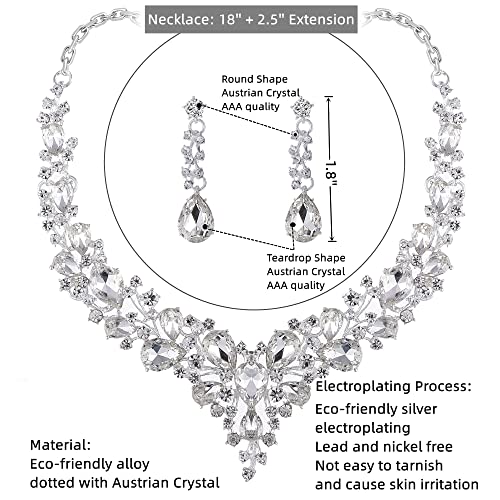 Paxuan Crystal Bridal Wedding Jewelry Sets for Women Rhinestone Teardrop Crystal Statement Choker Necklace Drop Earrings Link Bracelets Rings Teardrop Jewelry Set for Brides Bridesmaids - color: White