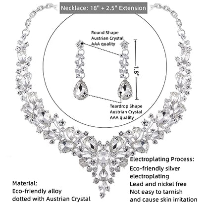 Paxuan Crystal Bridal Wedding Jewelry Sets for Women Rhinestone Teardrop Crystal Statement Choker Necklace Drop Earrings Link Bracelets Rings Teardrop Jewelry Set for Brides Bridesmaids - color: White