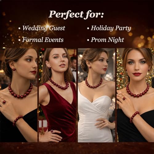 Pearl Jewelry Set for Women Pearl Necklace and Earring Set Bridal Jewelry Set for Wedding Elegant Pearl Jewelry - color: A1：SET-4-Burgundy