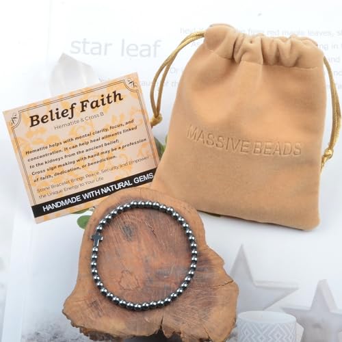 MASSIVE BEADS Handmade Yoga Stretch Elastic Bracelet Natural Stone Crystal Healing Power Energy Gifts for Unisex Adult 4mm 6mm 8mm 10mm - color: BELIEF FAITH(Hematite and Cross B), size: 4mm